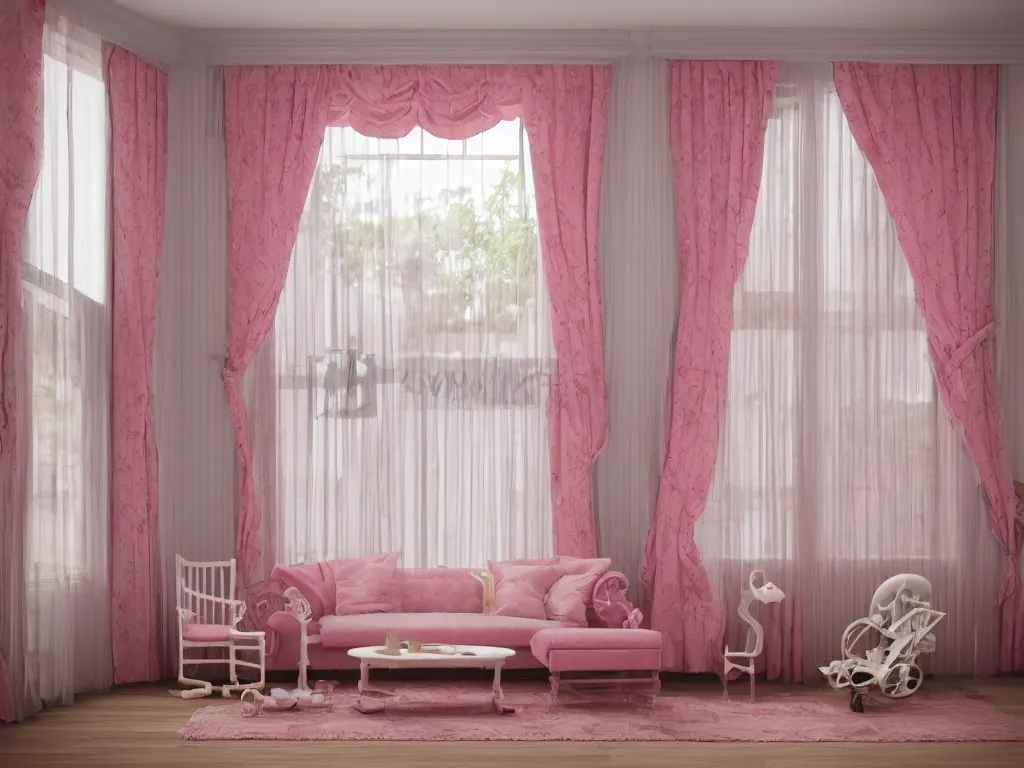 Image similar to 3D render of vintage interior house with very large pink curtains and toys on the floor and a rocking horse in the middle, High detail, Octane Render, faded colors, pastel colors