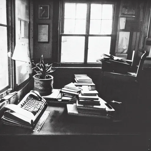 Image similar to 1880, inside a female writer room, Remington typewriter, many plants, many books, piles of books, beautiful light, long shadows, 50 mm lens, crackles, scratches, dust, stains