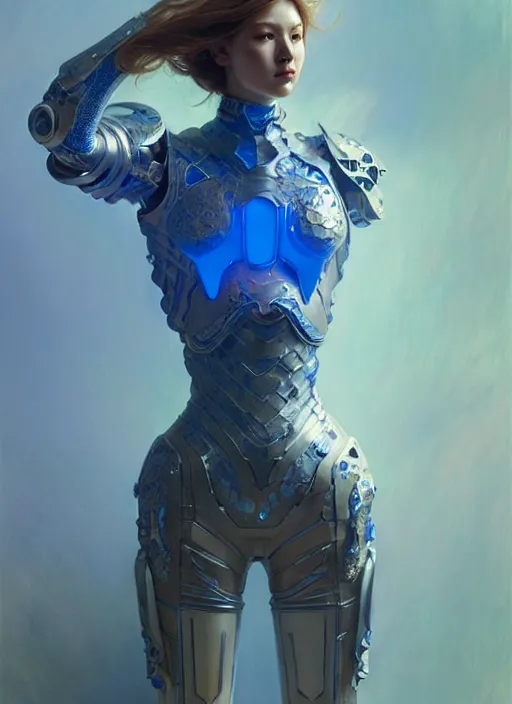 Prompt: ceramic cyborg armor, Chinese blue, diffuse lighting, fantasy, intricate, elegant, highly detailed, lifelike, photorealistic, digital painting, artstation, illustration, concept art, smooth, sharp focus, art by John Collier and Albert Aublet and Krenz Cushart and Artem Demura and Alphonse Mucha