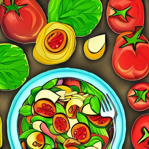 Prompt: acid style vinyl cover, salad with olives, tomatos and boiled eggs, highly detailed, digital painting