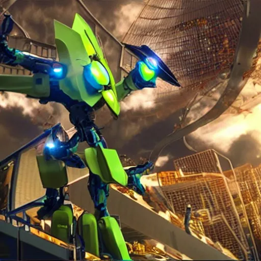 Prompt: A detailed, 4k screenshot of the parrot robot from the Transformer anime, a collaboration between Michael Bay and Hayao Miyazaki.