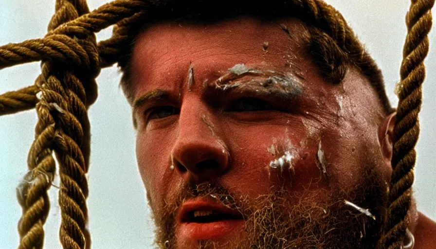 Image similar to 1 9 6 0 s movie still close - up of marcus atilius regulus tied with ropes at a pole with his wide open bleeding eyes looking at the burning sun, cinestill 8 0 0 t 3 5 mm eastmancolor, high quality, heavy grain, high detail, texture, dramatic light, anamorphic, hyperrealistic, detailed hair