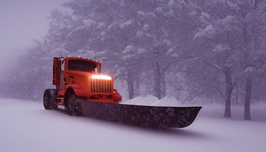 Image similar to snowplow covered by snow in beautiful winter landscape. fog, snowstorm, photorealistic rendering, octane, depth of field, blurry