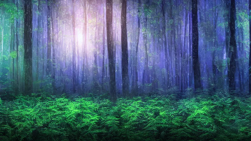 Image similar to portrait of an ethereal evergreen forest made of green and purple light, divine, cyberspace, mysterious, dark high-contrast concept art, log cabin made of blue light