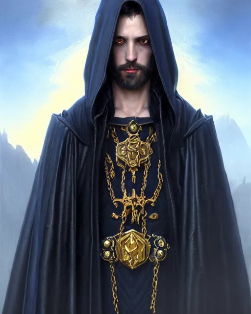 Prompt: handsome mage looking into the distance, long black hair blue eyes wearing leather mantle gothic navy cloak with gold details, cliffside town, fantasy character portrait, hyperrealism, concept art, intricate details, highly detailed by greg rutkowski, ilya kuvshinov, gaston bussiere, craig mullins, simon bisley