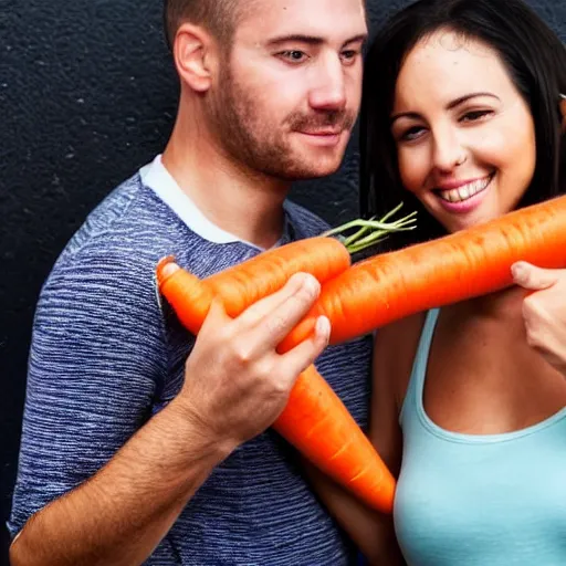 Image similar to woman eating man with carrot hands