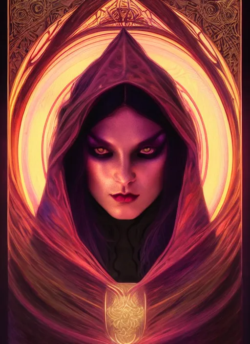 Image similar to book cover, front portrait, dark witch with black hood and evil eyes, realism, soft, smooth, luminescent, art nouveau tarot, backlit glow, colorful swirly ripples, gaudy colors, aesthetic octane render, unreal engine, 8 k, by artgerm, greg rutkowski, alphonse mucha