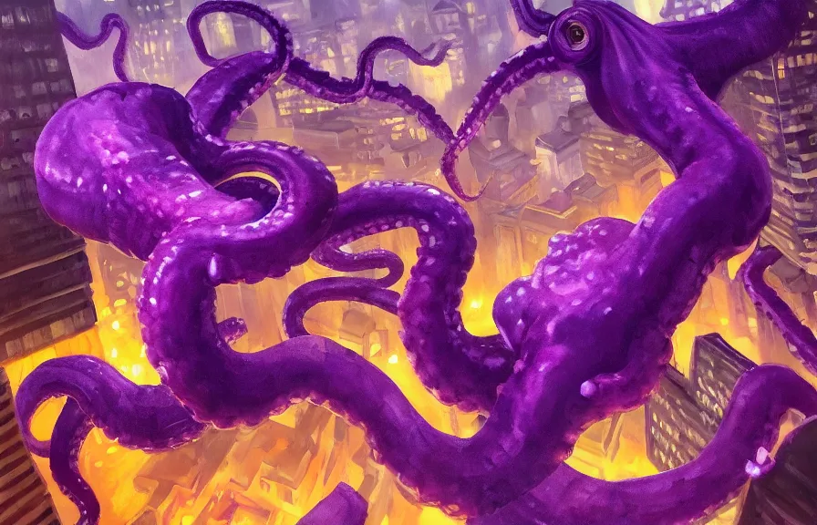 Image similar to aerial!!!! view looking down on a giant purple octopus monster moving through!!! buildings in a dark, dim, detailed city, extremely detailed!!! oil painting, dull palette, dramatic lighting, trending on artstation