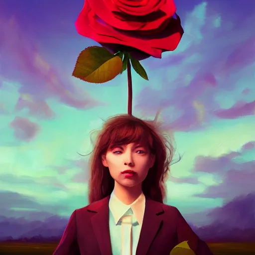 Prompt: closeup, giant rose flower on the head, frontal, girl in a suit, surreal photography, sunrise, blue sky, dramatic light, impressionist painting, digital painting, artstation, simon stalenhag