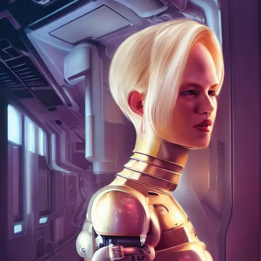 Image similar to full body shot of a very pretty blond borg queen on a borg ship, cybernetic implants, perfect face, symmetrical face, moody lighting, shallow depth of field, artstation trending,