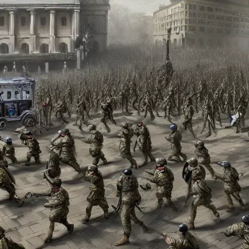 Image similar to Soldiers storming the capital, highly detailed, photorealistic, 4K