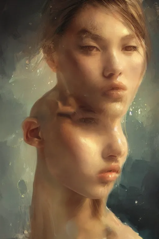 Prompt: girl portrait painting by ruan jia, Kenneth Willardt, ross tran, WLOP, Andrei Riabovitchev, golden skin, mystery background, harper's bazaar, vogue, magazine, concept art, ornate, luxury, elite, elegant, trending on artstation ,