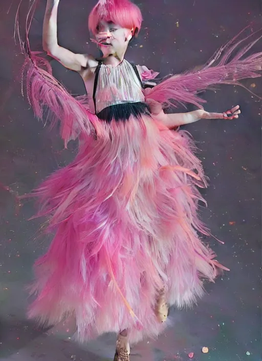 Image similar to beautiful little girl with an pink eccentric haircut wearing an dress made of feathers dancing on stage, artwork made by ilya kuvshinov, inspired in donato giancola, hd, ultra realistic, reflection, stage