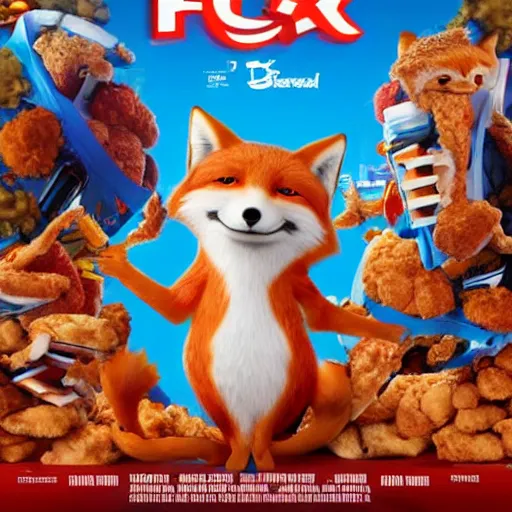 Image similar to animated 3D movie poster featuring an anthropomorphic fox wearing a casual outfit, a lot of fried chicken in the background, promotional media