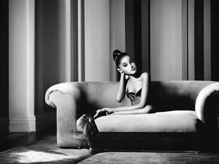 Image similar to award winning photo of Ariana Grande on a chesterfield lounge, symmetrical face, beautiful eyes, studio lighting, wide shot art by Sally Mann & Arnold Newman