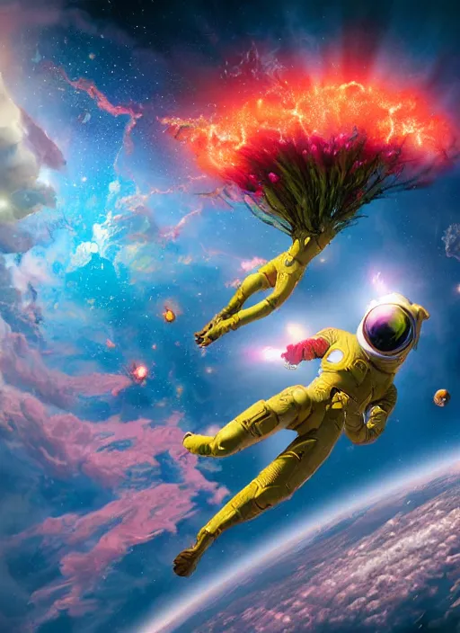 Image similar to An epic fantastic realism comic book style painting of the most beautiful flowers launched into space, bouquets hurdling toward a nebulous black hole, fisheye lens, unreal 5, DAZ, hyperrealistic, octane render, dynamic lighting