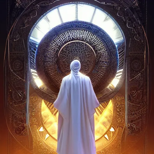 Image similar to symmetry!! an african moor wearing white robes and turban entering the voidspace. ornate, golden, steampunk stargate. front game card. marvel comics. dark. intricate. highly detailed. smooth. artstation. digital illustration by ruan jia, mandy jurgens, artgerm, wayne barlowe, greg rutkowski, and zdislaw beksinsk.