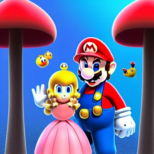 Image similar to Super Mario and Princess Peach and their cute newborn toady mushroom baby, family photo, digital painting, artstation, cgsociety, award-winning, masterpiece, stunning, beautiful, glorious