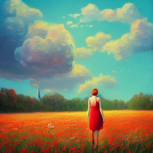 Image similar to giant red carnation head, full body, girl walking in the middle of a field with flowers, surreal photography, hills, sunrise dramatic light, impressionist painting, colorful clouds, digital painting, pointillism, artstation, simon stalenhag