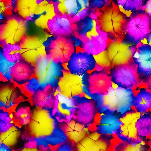 Image similar to spaciously scattered multi colored flower petals flowing through the air from left to right on a clean background