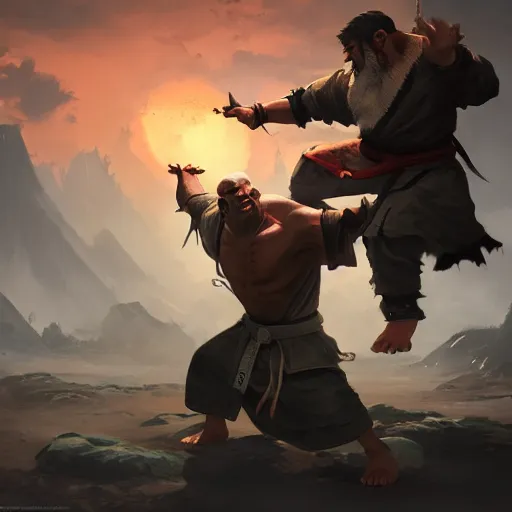 Image similar to monk fighting an orc, martial arts, 8k, sharp high quality artwork in style of Jose Daniel Cabrera Pena and Greg Rutkowski, concept art by Tooth Wu, blizzard warcraft artwork