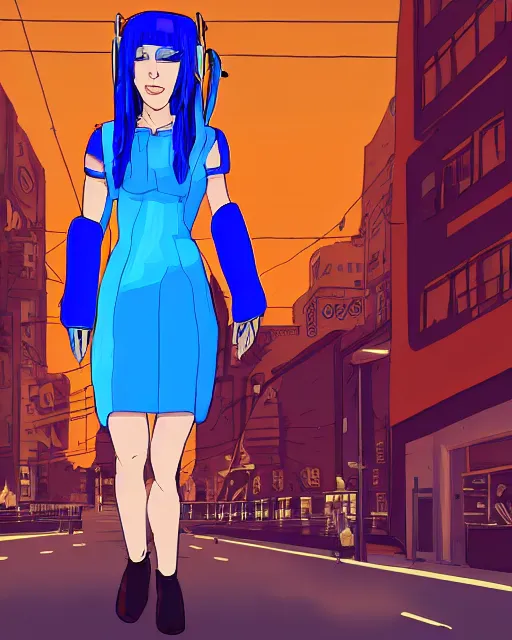 Prompt: cel shaded art of a pretty blue haired girl wearing a dress, cyberpunk city street background