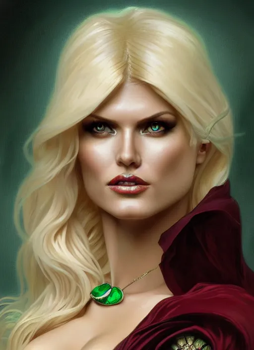 Prompt: portrait of model victoria silvstedt as a sultry vampire lady, jewelry, greek, emerald, intricate, headshot, highly detailed, digital painting, artstation, concept art, sharp focus, cinematic lighting, illustration, art by artgerm and greg rutkowski, alphonse mucha, cgsociety