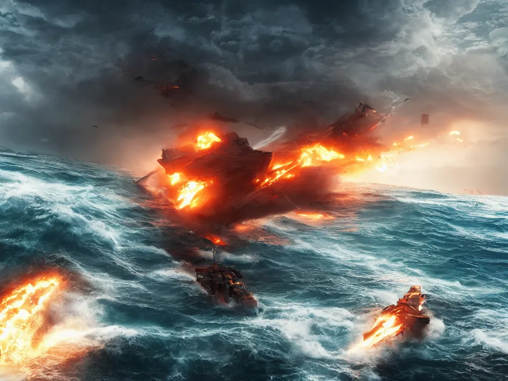 Prompt: breaking apart crashing damaged and on fire mecha battleship sailing alone on a stormy sea at sunset,large waves, explosions, battletech, octane render , aerial photo, cinematic