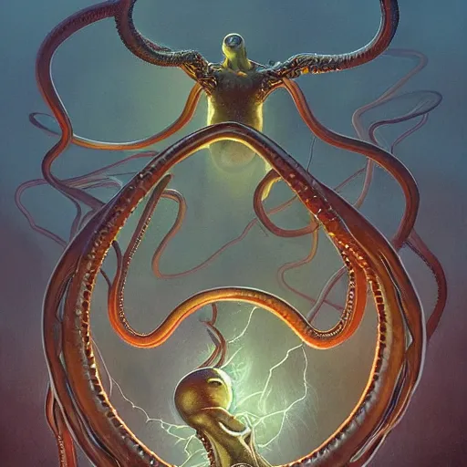 Image similar to An amorphic being with tentacles of liquid reflective copper and chrome emerges from the dark surreal ether, mist amidst lightning, high contrast lighting, backlit by Michael Whelan