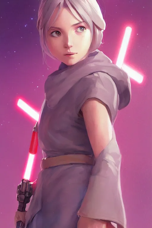 Image similar to a portrait of a cute female jedi, star wars setting, vivid colors, soft lighting, atmospheric, cinematic, moody, in the style of ilya kuvshinov and range murata, krenz cushart, oil on canvas, 8 k