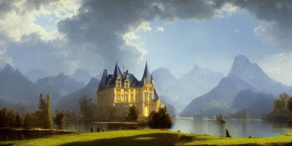 Image similar to beautiful illustration of chateau in a serene landscape, by albert bierstadt, magic realism, glowing clear castle lines, narrative realism, beautiful matte painting, heavenly lighting, retrowave, 4 k hd wallpaper, rim light