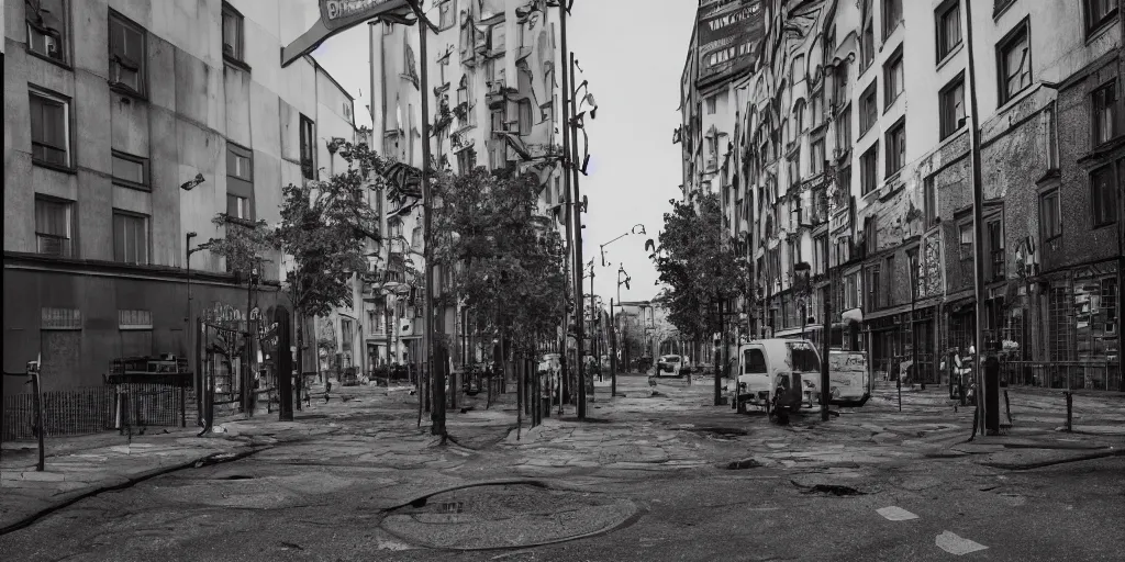 Image similar to kreuzberg streets, hyperrealistic, gritty, dark, urban photography, photorealistic, high details