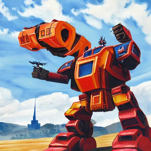 Prompt: a corgi fighting a giant robot on a cloudy day while god watches from above