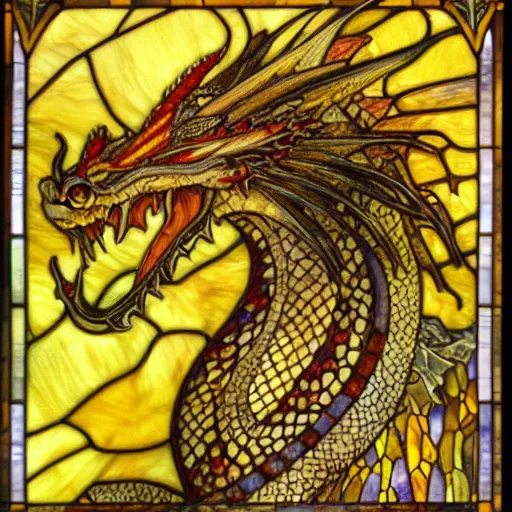 Prompt: beautiful and detailed portrait of a yellow dragon, profile view, side view, head of a yellow dragon, brown mosaic background, stained glass art, by alphone mucha, very masterful