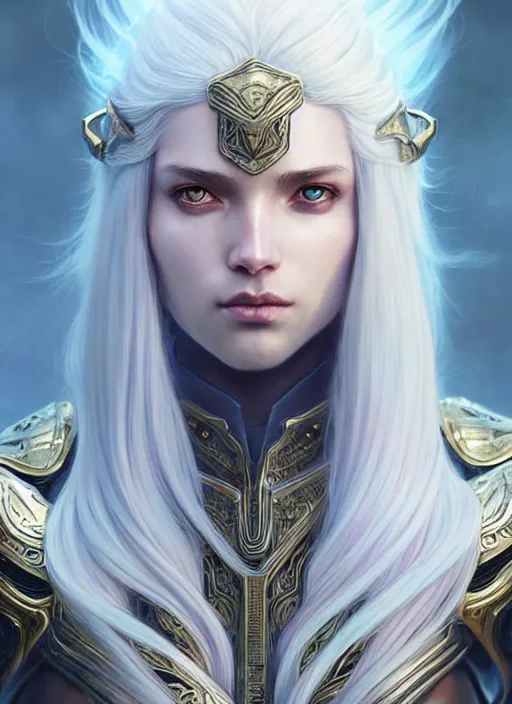 Image similar to light iridescent armor!!! long wild white hair!! covered chest!!! fantasy, d & d, intricate ornate details, digital painting, pretty face!!, symmetry, concept art, sharp focus, illustration, art by artgerm! greg rutkowski magali villeneuve wlop! ilya kuvshinov!!, octane render