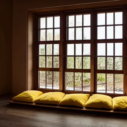 Image similar to interior desing magazine photo of a big window with a wooden frame to sit on, some sandy yellow pillows, great architecture, ambient light, 8k