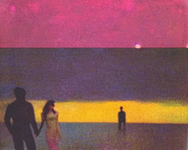 Prompt: a couple walks on the beach, hundreds of multicolored orbs float in the sky, violet and yellow sunset, polaroid photo, whimsical and psychedelic, 1 9 6 0 s, grainy, expired film, glitched