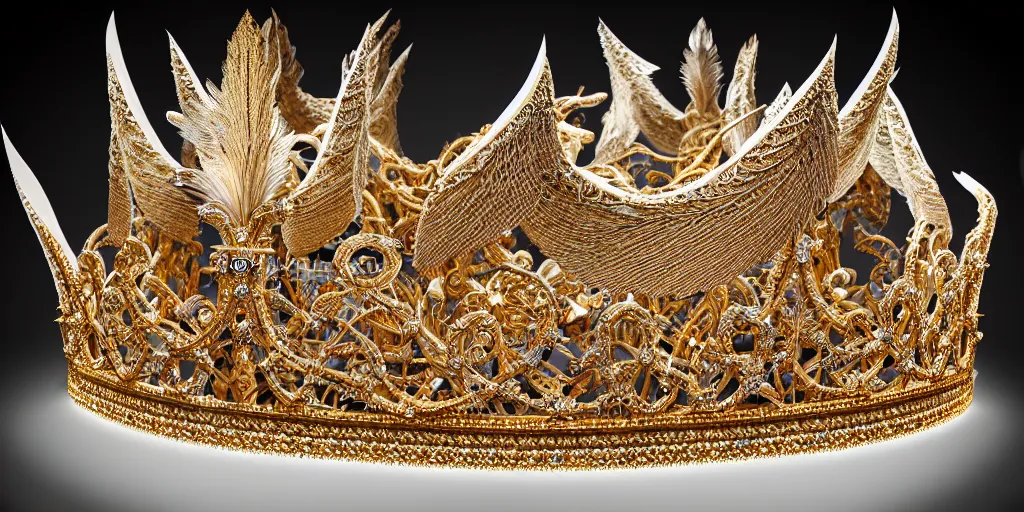 Image similar to elegant king's crown made of wings professionally lit on a display table, delicate, fantasy, intricate, elegant, dramatic lighting, emotionally evoking symbolic metaphor, highly detailed, lifelike, photorealistic, digital painting, artstation, concept art, smooth, sharp focus, illustration, art by John Collier and Albert Aublet and Krenz Cushart and Artem Demura and Alphonse Mucha