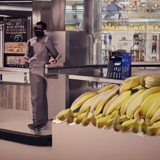 Prompt: a masked man at a self checkout stealing a banana, trending on artstation, depth field, unreal engine, cinematic, hyper realism, high detail, octane cinema 4 d render, a 2 4 cinematography, 8 k