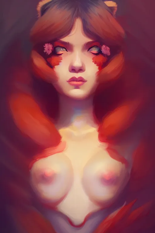 Image similar to a detailed portrait of a beautiful woman with ( red panda ) features, in professional makeup, dramatic lighting, by lois van baarle, ross tran, greg rutkowski, 4 k, trending on artstation