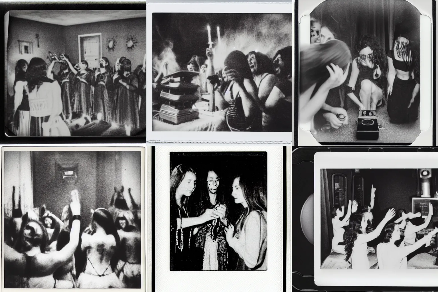 Prompt: black and white realistic detailed polaroid photograph of witches worshipping a speakerbox