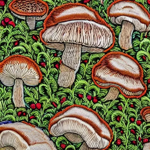 Prompt: a close up view of a wall with mushrooms on it, a detailed painting by master of the embroidered foliage, featured on behance, arts and crafts movement, intricate, ornate, made of flowers