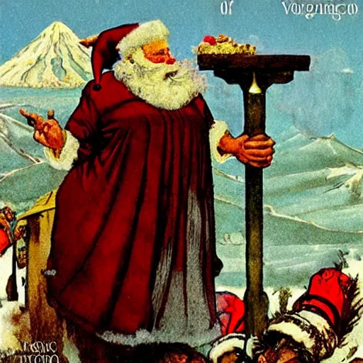 Image similar to illustration: vogue designer Santa Claus Sacrificing the Elves to a Volcano God Altar giorgio de chirico marc simonetti norman rockwell postcard stamp