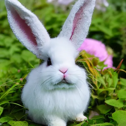 Prompt: a 50mm photo of little, fluffy bunny in the garden, wearing funny hat, digital art