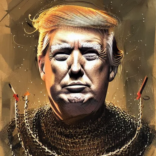 Image similar to eyes face nose mouth ears portrait of Donald Trump wearing chainmail whilst twirling a spear ismail inceoglu ishbel myerscough