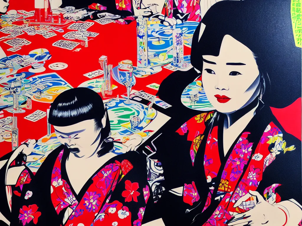 Image similar to hyperrealism composition of the detailed woman in a japanese kimono sitting at a poker table with darth vader, fireworks, waves in the ocean with mountains in the background, pop - art style, jacky tsai style, andy warhol style, acrylic on canvas