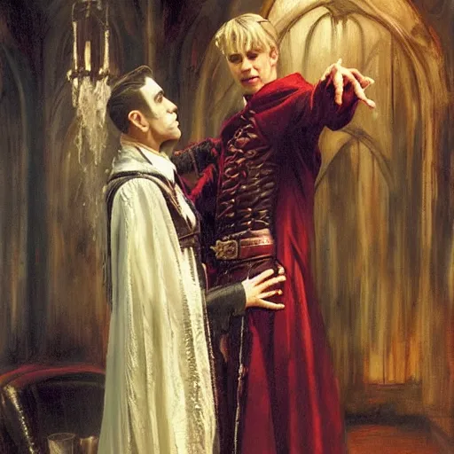 Image similar to attractive male, arthur pendragon confesses his love to attractive male dracula the vampire. highly detailed painting by gaston bussiere, craig mullins, j. c. leyendecker 8 k