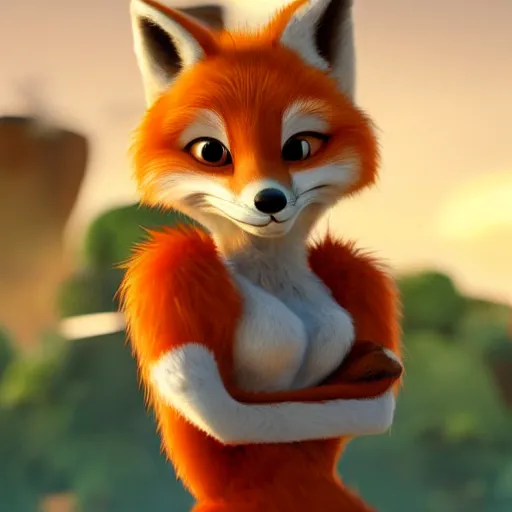 Image similar to anthropomorphic female fox with short white fur covering her body in the style of zootopia