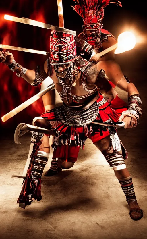 Image similar to Aztec warrior's, editorial photograph, dark lighting, glowing screens, indoor Pizza Hut