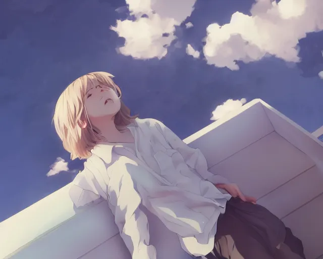 Image similar to teen looking at blue sky, wearing white shirt, back turned, looking up, illustration, by pine ( ハイネ ) and 薯 子 imoko and 香 川 悠 作 and wlop and maya takamura, highly detailed, trending artstation, pixiv, digital art